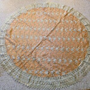 70” Round Peach Tablecloth With Silver Embroidered Lace New Elegant